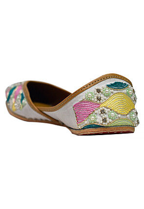 Hand Embroidered Art Silk Women Jutti in White