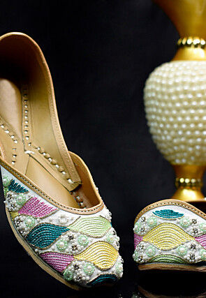 Hand Embroidered Art Silk Women Jutti in White