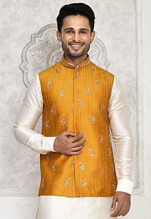Hand Embroidered Art Silk Nehru Jacket in Mustard