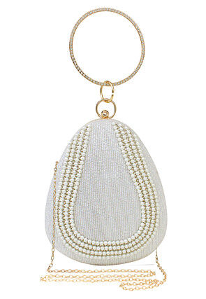 Hand Embroidered Art Silk Oval Clutch Bag in White