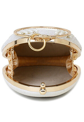 Hand Embroidered Art Silk Oval Clutch Bag in White