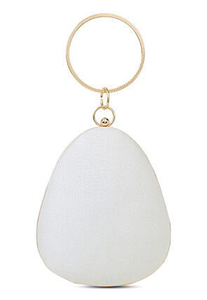 Hand Embroidered Art Silk Oval Clutch Bag in White
