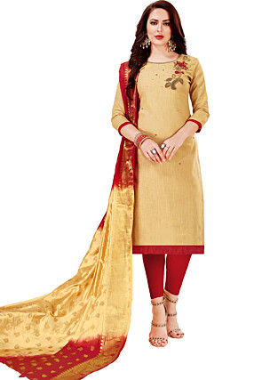 Hand Embroidered Art Silk Pakistani Suit in Beige