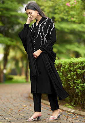 Hand Embroidered Art Silk Pakistani Suit in Black