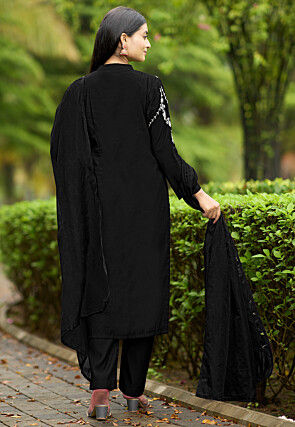 Hand Embroidered Art Silk Pakistani Suit in Black