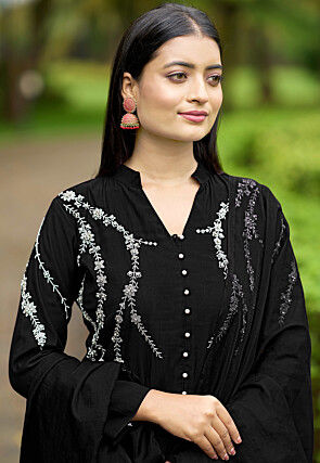 Hand Embroidered Art Silk Pakistani Suit in Black
