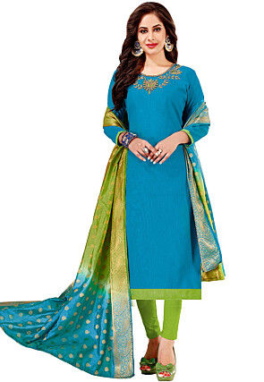 Hand Embroidered Art Silk Pakistani Suit in Blue