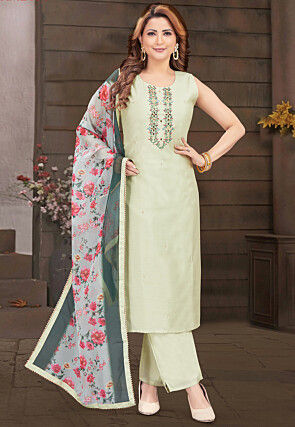 Hand Embroidered Art Silk Pakistani Suit in Dusty Green