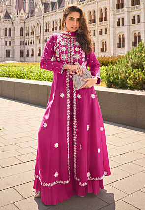 Hand Embroidered Art Silk Pakistani Suit in Fuchsia