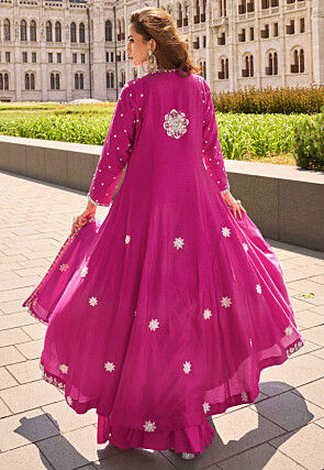 Hand Embroidered Art Silk Pakistani Suit in Fuchsia