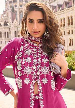 Hand Embroidered Art Silk Pakistani Suit in Fuchsia
