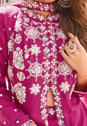 Hand Embroidered Art Silk Pakistani Suit in Fuchsia