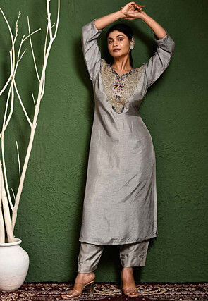 Hand Embroidered Art Silk Pakistani Suit in Grey