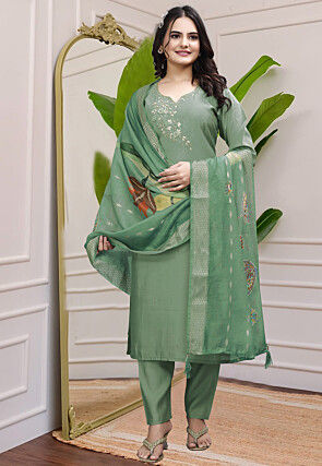 Hand Embroidered Art Silk Pakistani Suit in Light Green