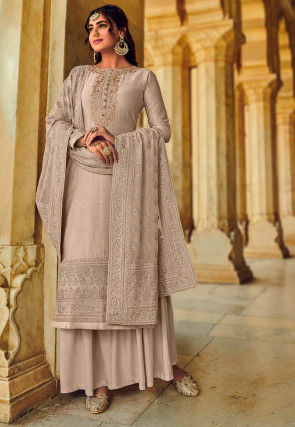Hand Embroidered Art Silk Pakistani Suit in Light Grey