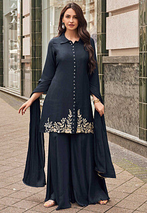 Hand Embroidered Art Silk Pakistani Suit in Navy Blue