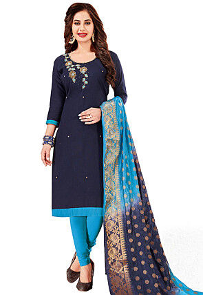 Hand Embroidered Art Silk Pakistani Suit in Navy Blue