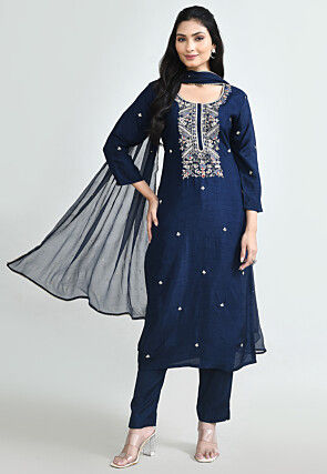 Hand Embroidered Art Silk Pakistani Suit in Navy Blue