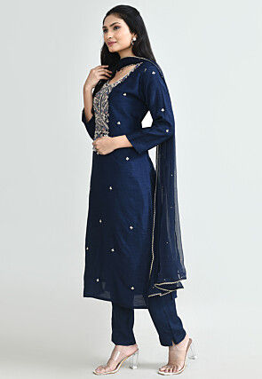 Hand Embroidered Art Silk Pakistani Suit in Navy Blue