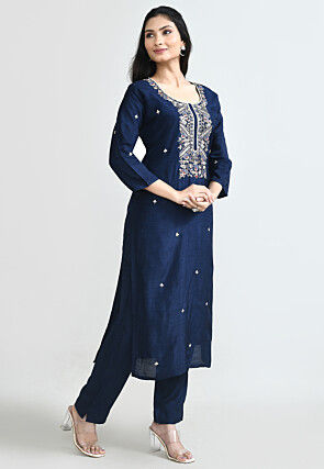 Hand Embroidered Art Silk Pakistani Suit in Navy Blue