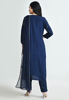 Hand Embroidered Art Silk Pakistani Suit in Navy Blue