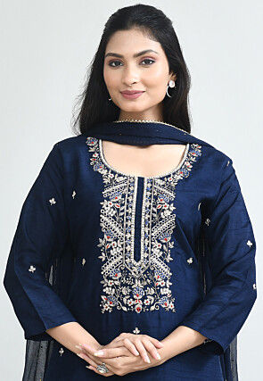 Hand Embroidered Art Silk Pakistani Suit in Navy Blue