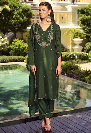 Hand Embroidered Art Silk Pakistani Suit in Olive Green