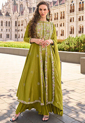 Hand Embroidered Art Silk Pakistani Suit in Olive Green