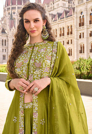Hand Embroidered Art Silk Pakistani Suit in Olive Green