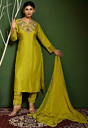 Hand Embroidered Art Silk Pakistani Suit in Olive Green