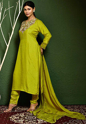 Hand Embroidered Art Silk Pakistani Suit in Olive Green