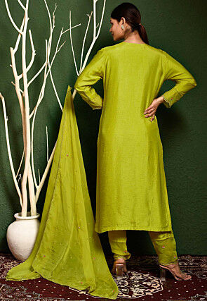 Hand Embroidered Art Silk Pakistani Suit in Olive Green