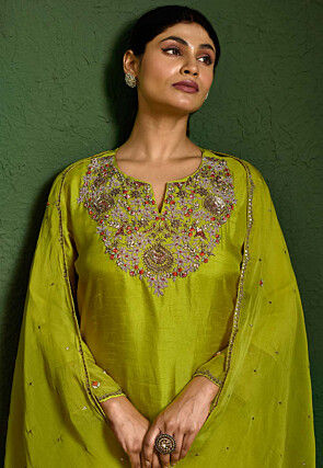 Hand Embroidered Art Silk Pakistani Suit in Olive Green