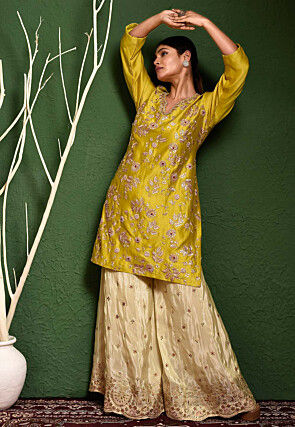 Hand Embroidered Art Silk Pakistani Suit in Olive Green