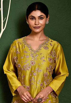 Hand Embroidered Art Silk Pakistani Suit in Olive Green