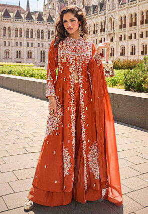 Hand Embroidered Art Silk Pakistani Suit in Orange