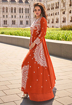 Hand Embroidered Art Silk Pakistani Suit in Orange
