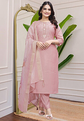 Hand Embroidered Art Silk Pakistani Suit in Peach