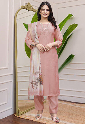Hand Embroidered Art Silk Pakistani Suit in Peach