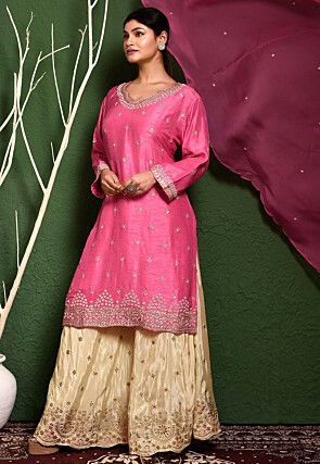 Hand Embroidered Art Silk Pakistani Suit in Pink
