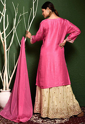 Hand Embroidered Art Silk Pakistani Suit in Pink