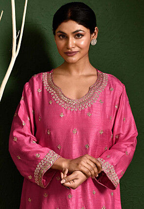 Hand Embroidered Art Silk Pakistani Suit in Pink