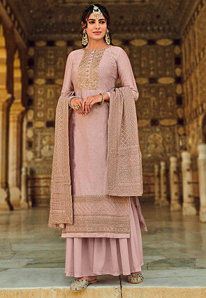 Hand Embroidered Art Silk Pakistani Suit in Pink
