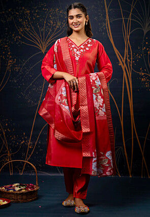 Hand Embroidered Art Silk Pakistani Suit in Red