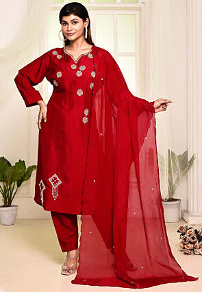 Hand Embroidered Art Silk Pakistani Suit in Red