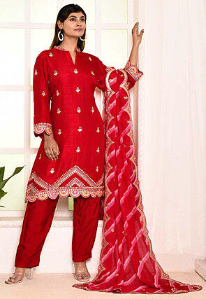 Hand Embroidered Art Silk Pakistani Suit in Red