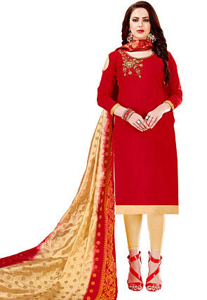 Hand Embroidered Art Silk Pakistani Suit in Red