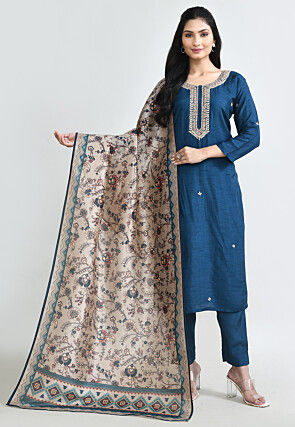 Hand Embroidered Art Silk Pakistani Suit in Teal Blue
