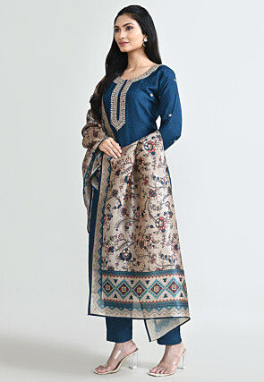 Hand Embroidered Art Silk Pakistani Suit in Teal Blue