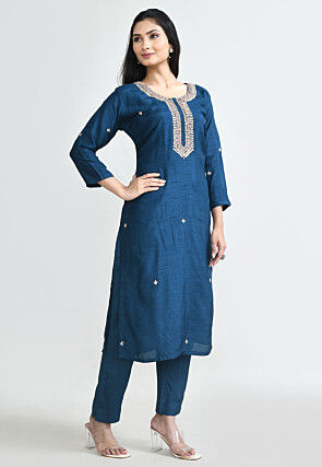 Hand Embroidered Art Silk Pakistani Suit in Teal Blue